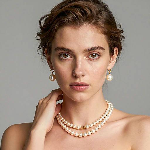 Elegant Woman Wearing Pearl Necklace and Earrings