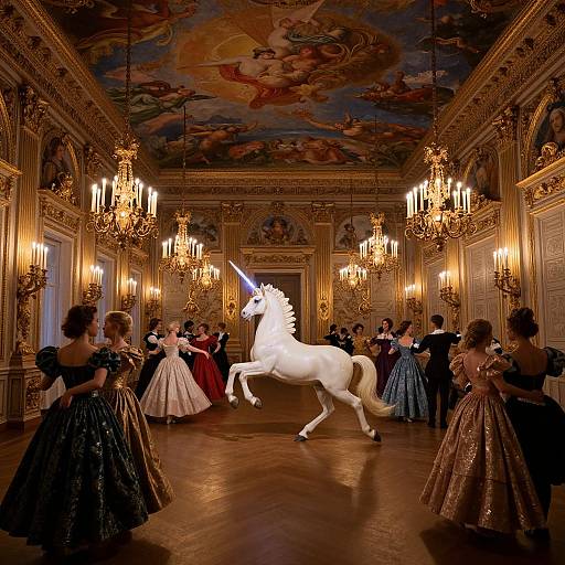 Photograph of a lavish ballroom with ornate, gold-accented walls and ceiling frescoes. A white unicorn with a glowing horn dances amidst