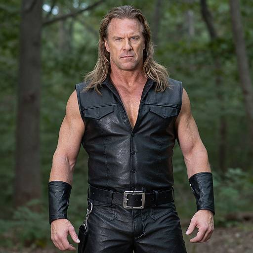 Photograph of a muscular, middle-aged man with long, blonde hair, wearing a black leather vest and pants, black wristbands, standing in a