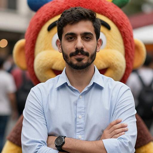 Man Posing with Colorful Puppet