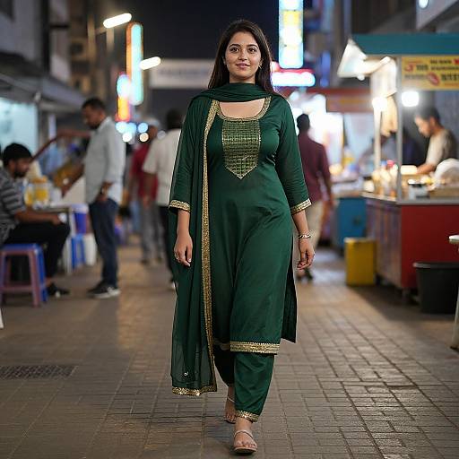 Photograph of a confident Indian woman in a dark green salwar kameez with gold embellishments, walking down a bustling night market street, surrounded