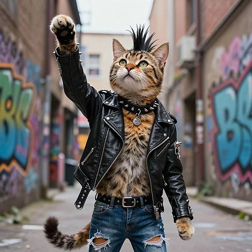 Photorealistic CGI of a punk tabby cat with a mohawk, black leather jacket, and ripped jeans, raising a paw in an urban alley