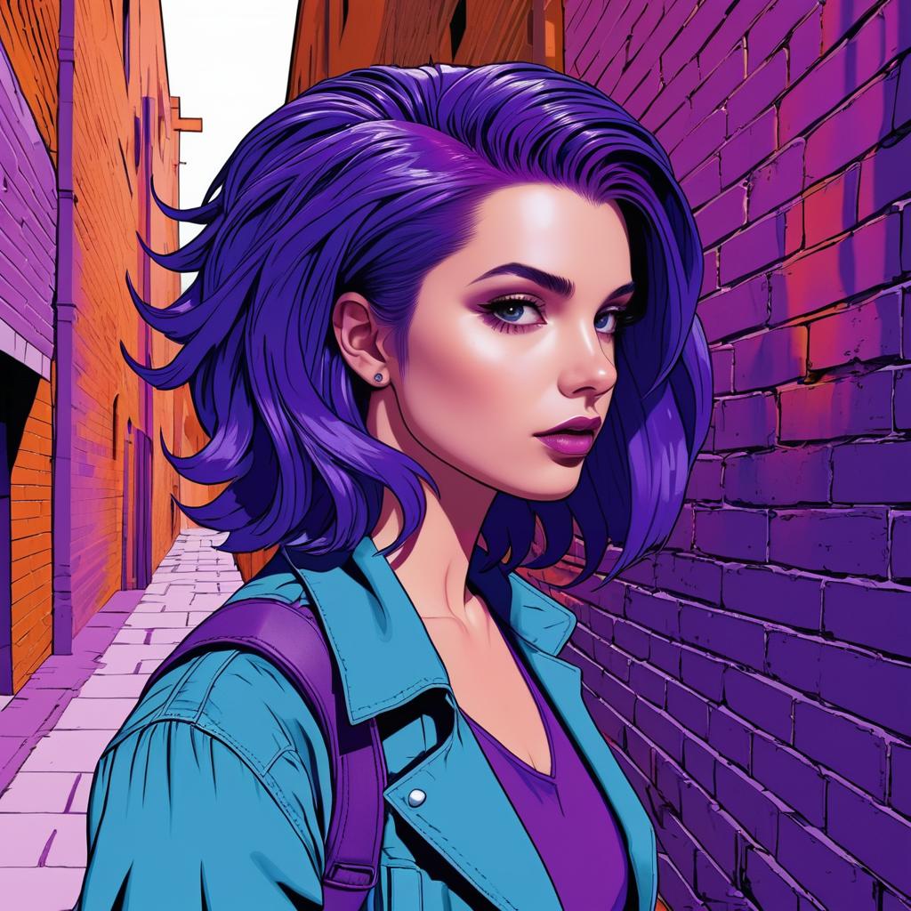 Dramatic Purple-Haired Character in Alleyway