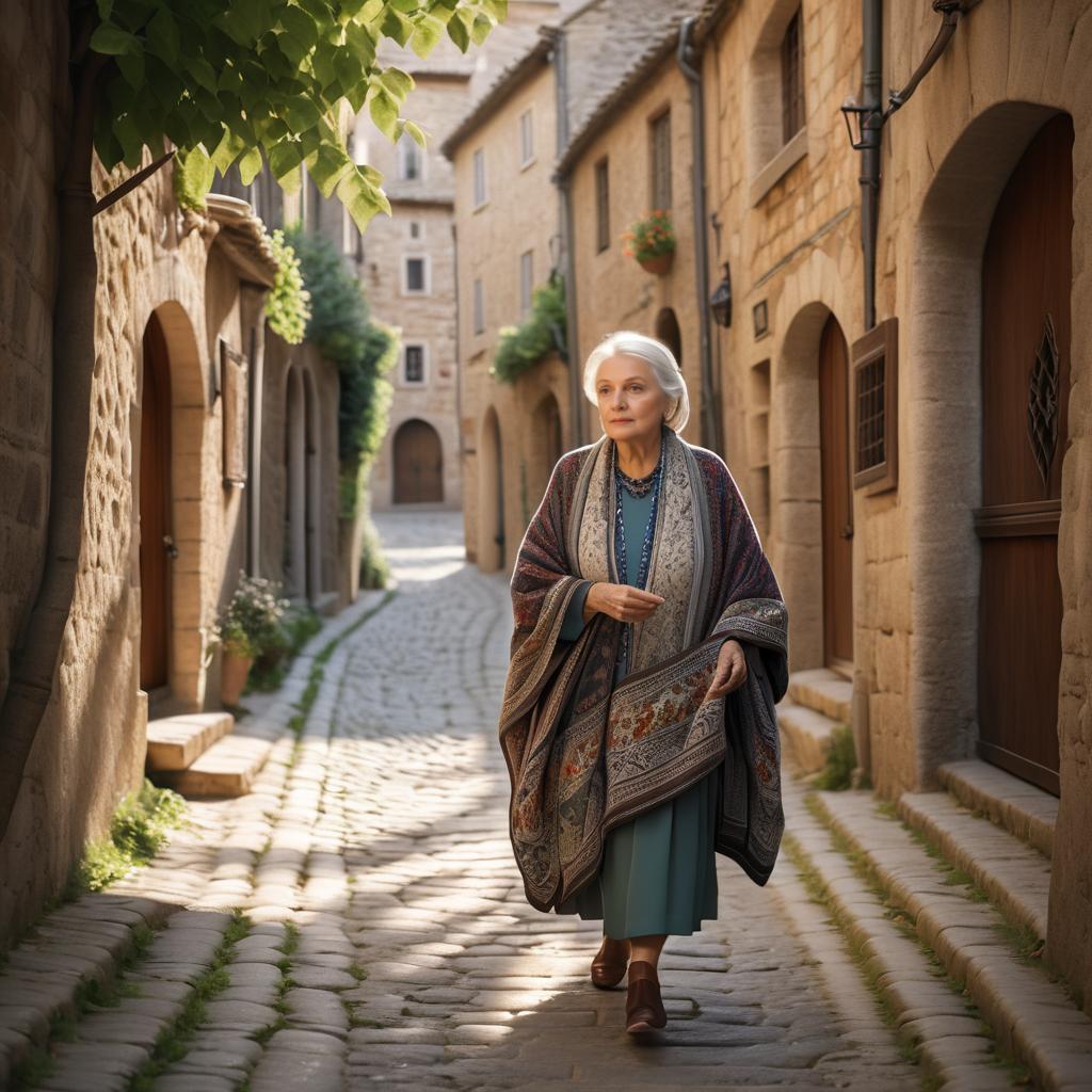 Elderly Woman Walking in Quaint Village