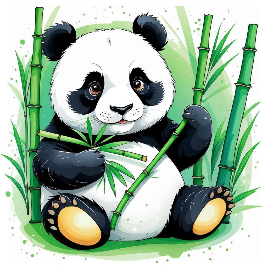 Whimsical Panda Illustration Eating Bamboo