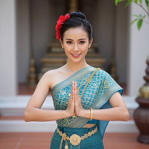 Photograph of a smiling Asian woman with black hair, red flower, wearing blue and gold embroidered traditional dress, hands in prayer pose, standing in front