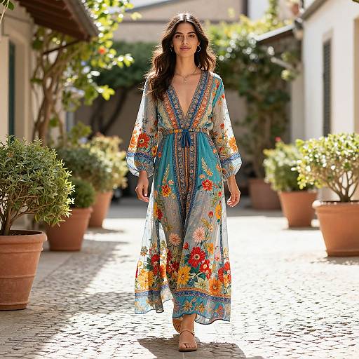 Photograph of a smiling woman with long, wavy brown hair, wearing a vibrant, floral-patterned, blue and orange, long-sleeve