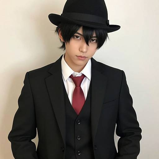 Photograph of an Asian man with black hair, wearing a black suit, white shirt, red tie, and black fedora, against a white background