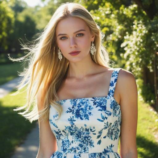 Elegant Girl in Sunlit Floral Dress