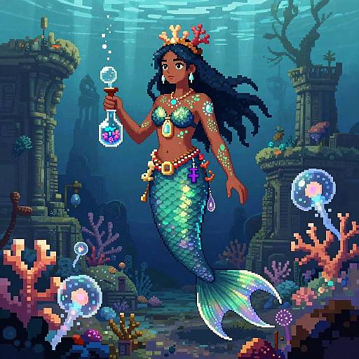 Pixel Art Mystical Mermaid Alchemist