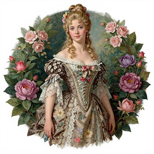 Digital painting of a blonde woman in an ornate, floral-patterned dress with lace sleeves, surrounded by pink and purple flowers.