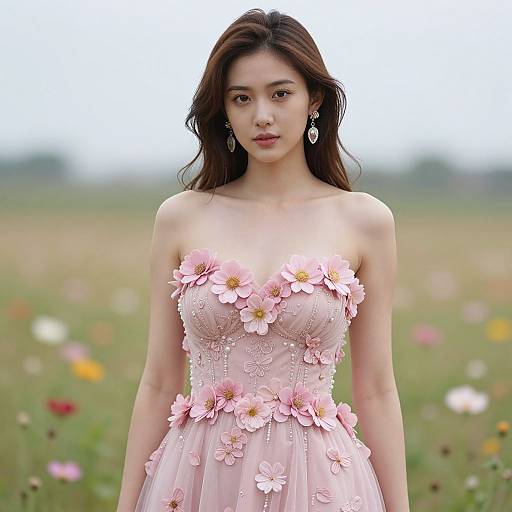 Photograph of an Asian woman with long, dark hair, wearing a pink, strapless floral dress with detailed flowers, standing in a blurred field of