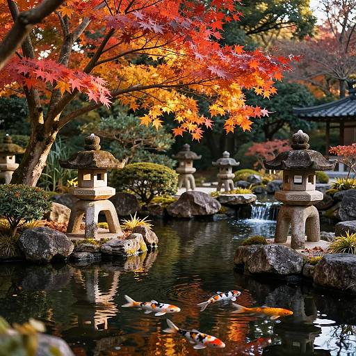 Photograph of a serene Japanese garden with vibrant red and orange autumn leaves, stone lanterns, a flowing stream, and colorful koi fish.