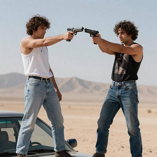 Two Men Aiming Guns at Each Other in Desert