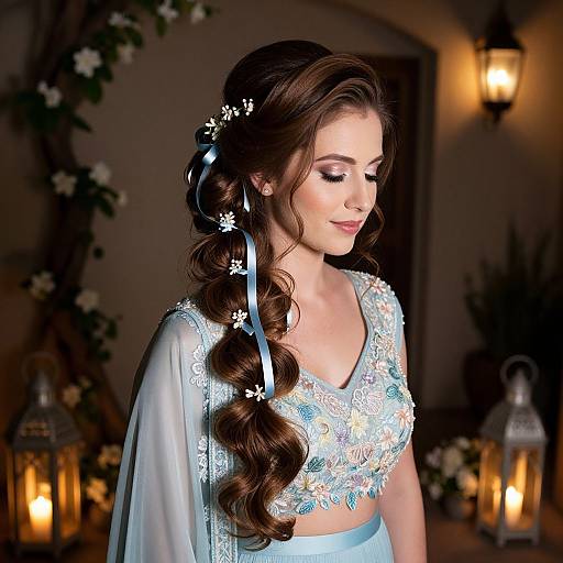 Photograph of a beautiful young woman with long, wavy brown hair, wearing an elegant blue lace dress with floral embroidery, against a softly lit,