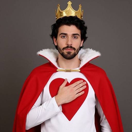 Photograph of a bearded man with dark hair, wearing a golden crown, red cape, white shirt with red heart, against a gray background.