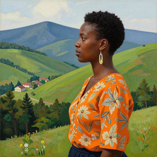 Photograph of a poised African woman with short natural hair, wearing an orange floral blouse and gold earrings, standing in a lush, green hillside landscape