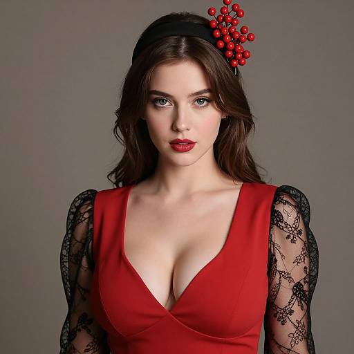 Photograph of a fair-skinned woman with brown hair, wearing a red V-neck dress with black lace sleeves, and a red berry hair accessory,