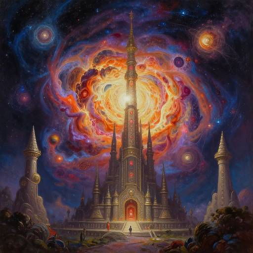 Digital art of a fiery, swirling galaxy centered above a dark, gothic castle with spires, surrounded by mountains and stars.