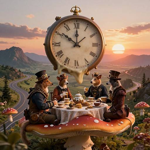 Photorealistic digital art: two anthropomorphic foxes in Victorian attire, sitting on a red mushroom, tea set, and oversized clock, overlooking a