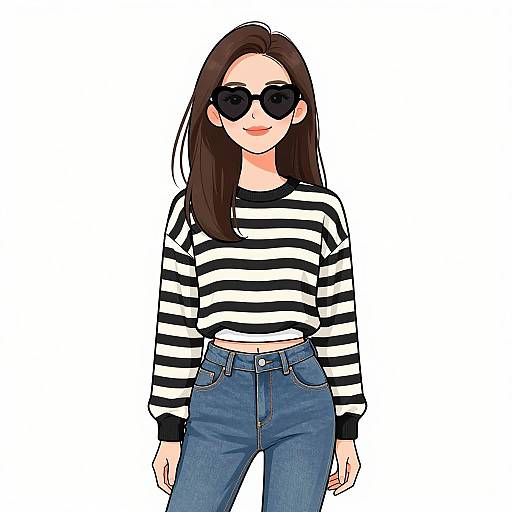 Digital illustration of a woman with long brown hair, black sunglasses, black-and-white striped long-sleeve shirt, and blue high-waisted jeans
