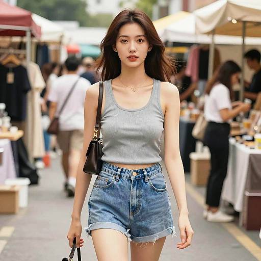 Photograph of an attractive Asian woman with long brown hair, wearing a gray ribbed tank top and high-waisted denim shorts, walking confidently through