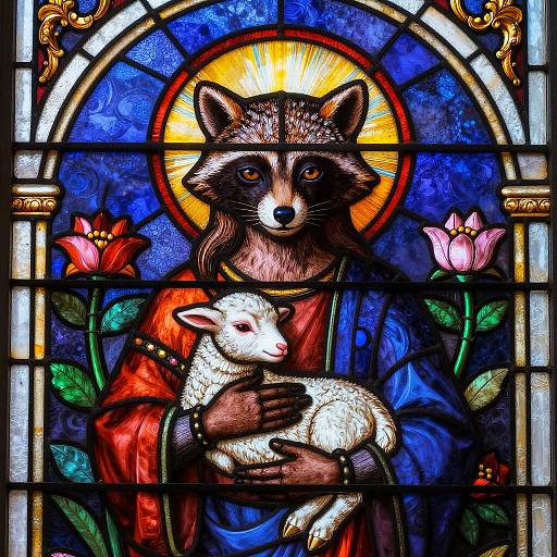 Stained glass artwork of an anthropomorphic raccoon with a radiant halo, holding a white lamb, surrounded by blue, red, and purple glass with