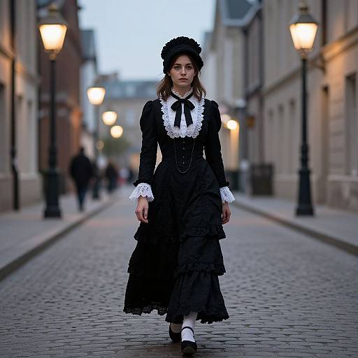 Photograph of a young woman in a black Victorian-style dress with white lace, black bow, and black headband, walking down a cobblestone