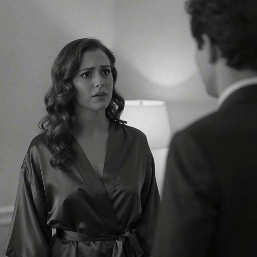 Anxious Woman in Satin Robe Talking to Man Indoors