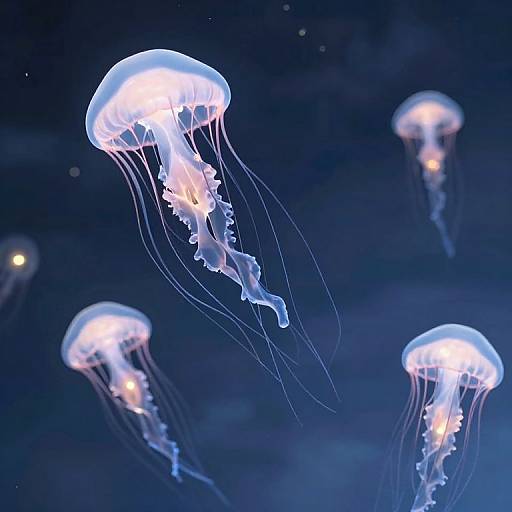 Photograph of four glowing, translucent jellyfish with delicate, flowing tentacles against a dark blue underwater backdrop, creating an ethereal, serene scene.