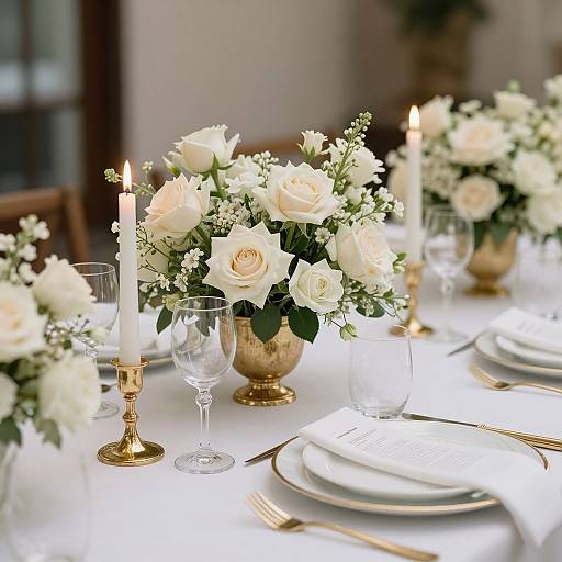 Elegant table setting with white roses, gold candlesticks, crystal glasses, and white plates on a white tablecloth, illuminated by lit candles. Phot