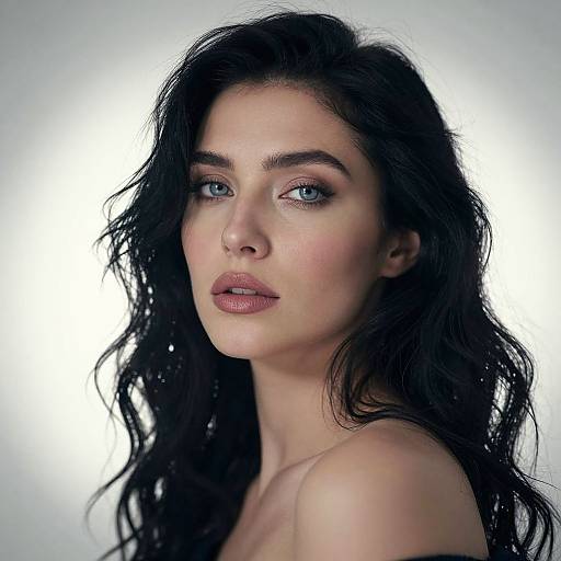 Photograph of a beautiful woman with long, wavy black hair, blue eyes, and pink lipstick, set against a white background.