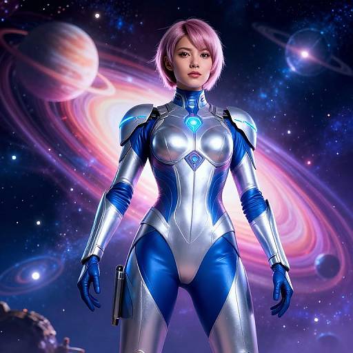 CGI image of a pink-haired woman in a shiny silver and blue futuristic bodysuit, standing confidently in a vibrant, galaxy-filled space background with