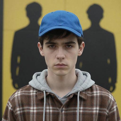 Young man in blue cap with yellow poster background