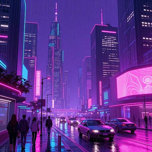 Neon-lit, rain-soaked urban street at night, featuring colorful skyscrapers, glowing signs, and cars driving on a wet road.