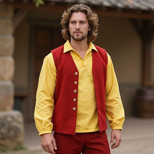 Photograph of a handsome, bearded man with wavy brown hair wearing a yellow shirt and red vest with buttons, standing in front of a rustic