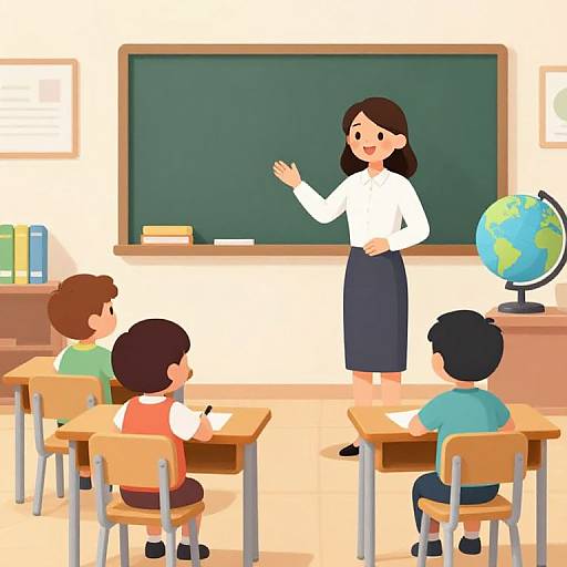 Digital illustration of a female teacher with brown hair, white blouse, and navy skirt, standing in front of a green chalkboard, teaching four young students