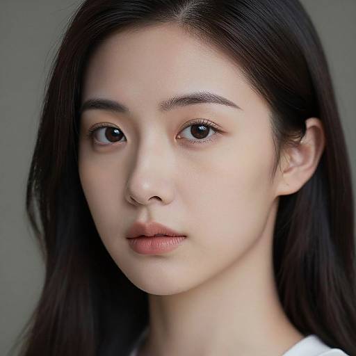 Photograph of an East Asian woman with fair skin, straight black hair, and brown eyes, gazing directly at the camera. Neutral expression, soft