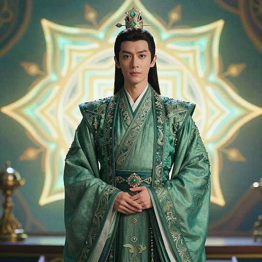 Photograph of an Asian man in an ornate green traditional royal robe, wearing a golden crown, standing before a glowing star-shaped background.