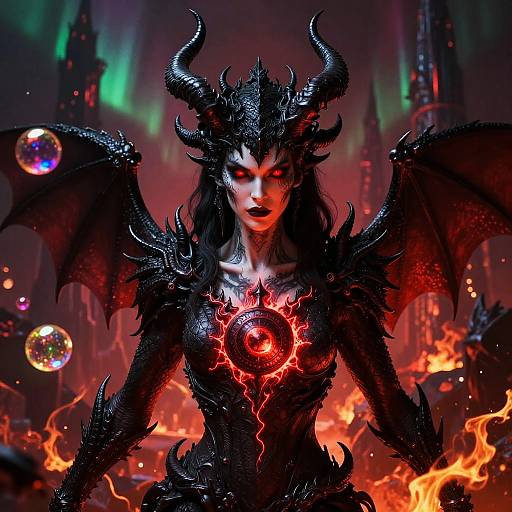 Digital illustration of a fierce, black-scaled, horned demoness with glowing red eyes, fiery chest emblem, and bat wings, set against a