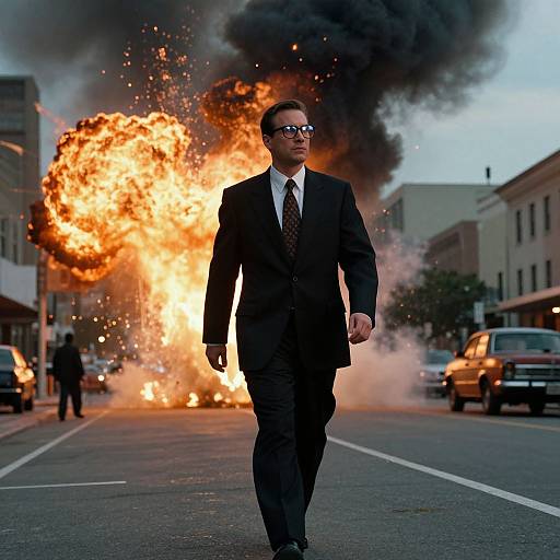 Photograph of a suited man with sunglasses walking confidently toward a massive explosion, thick black smoke billowing, urban street background.