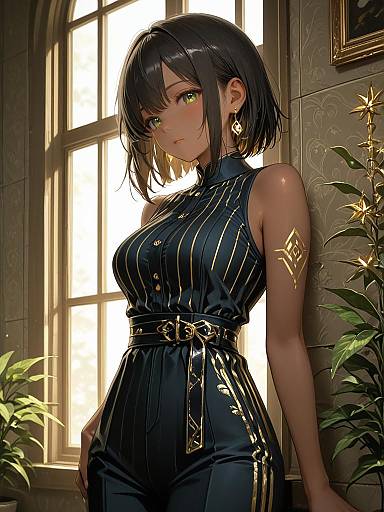 Anime Woman in Black and Gold Pinstripe Jumpsuit