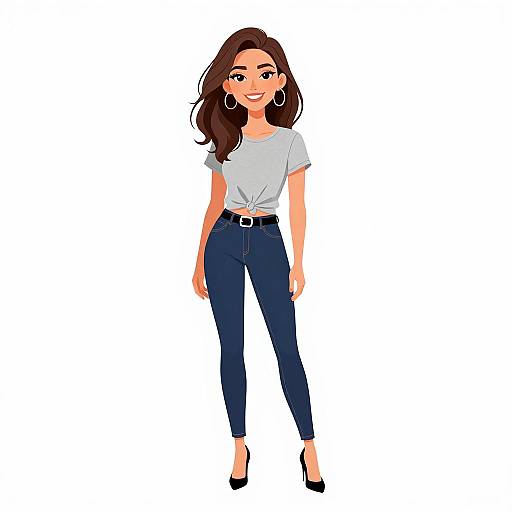 Digital illustration of a smiling woman with long brown hair, wearing a white tied-shirt, blue jeans, black belt, and black heels.