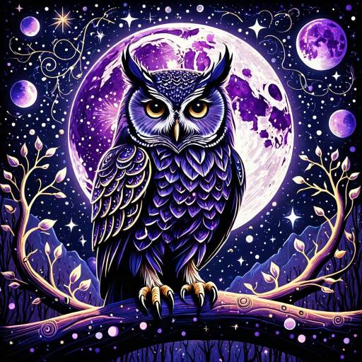 Mystical Glimmering Owl with Purple Moons