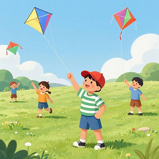 Children Flying Colorful Kites Outdoors