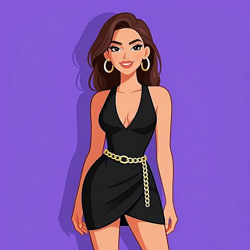 Digital illustration of a confident woman with long brown hair, large hoop earrings, black deep V-neck dress, and gold chain belt, set against a solid
