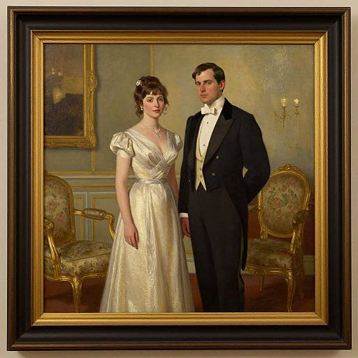 Painting of a Victorian-era couple: a woman in a white, off-shoulder gown and a man in a black tuxedo with white