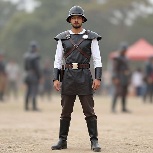 Photograph of a young man in medieval-style armor with a black helmet, white shirt, black tunic, and brown pants, standing confidently on a
