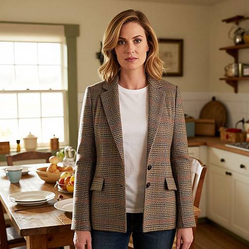 Photograph of a woman with shoulder-length blonde hair, wearing a brown checkered blazer over a white top, standing in a sunlit, rustic