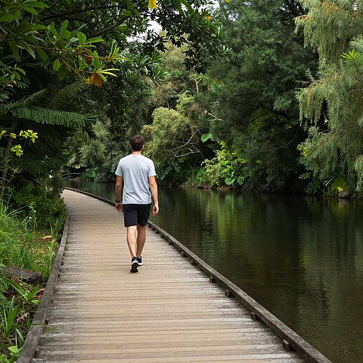 Man Walking on Wooden Path by River in Forest